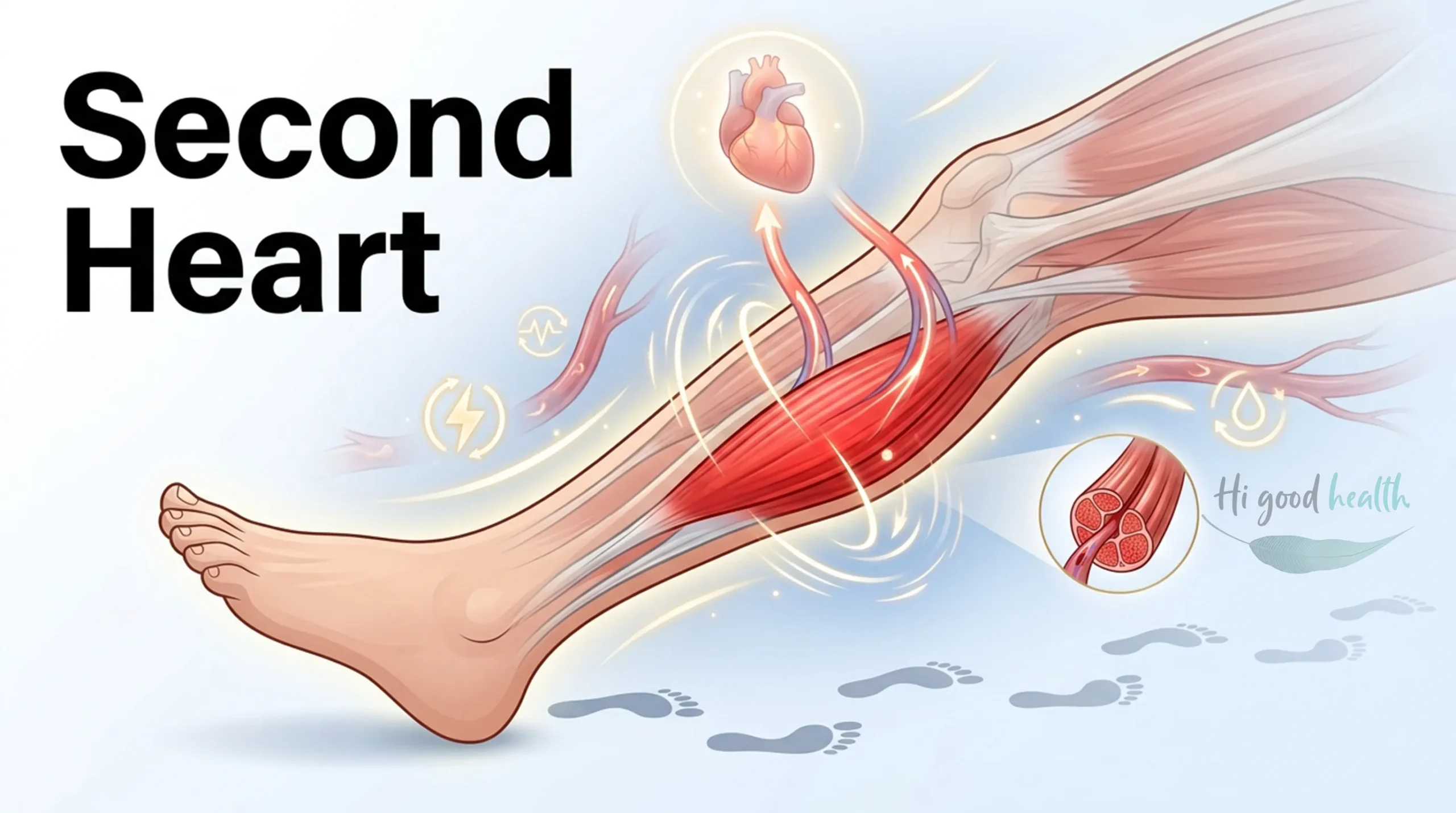 Illustration of a lower leg with the soleus calf muscle highlighted and arrows showing blood being pumped back up towards the heart, headed Second Heart