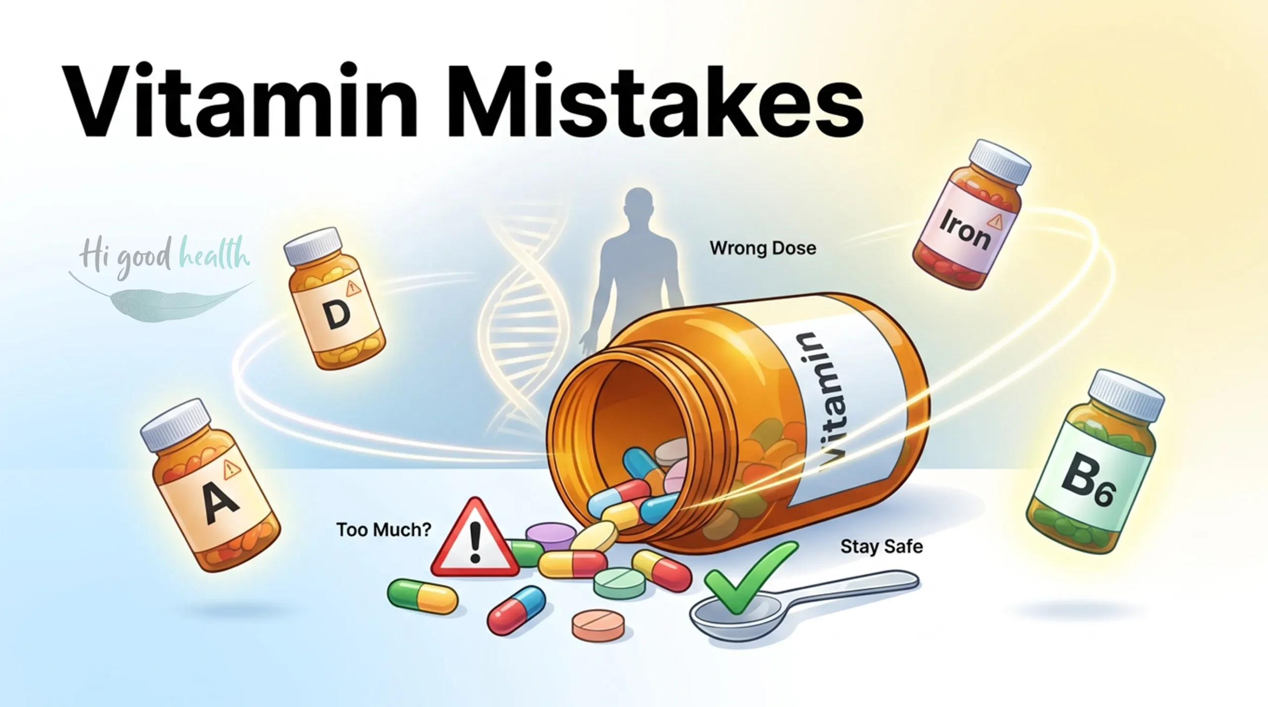 Vitamin Overdose Symptoms: Commonly Misdosed Nutrients and How to Stay Safe 2 A tipped-over vitamin bottle spilling assorted tablets and capsules, with vitamin A, D, iron and B6 bottles around it and a warning triangle marked Too Much, titled Vitamin Mistakes