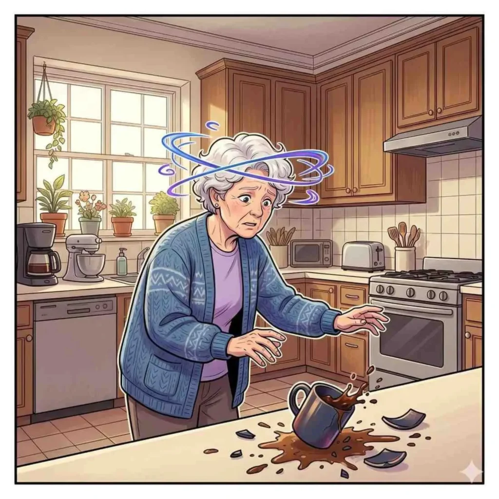 Cartoon of an older woman feeling dizzy in her kitchen