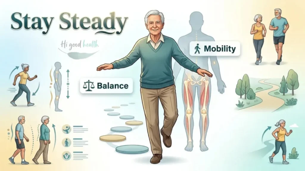 Older man standing with arms outstretched beside an anatomical balance diagram, headed Stay Steady