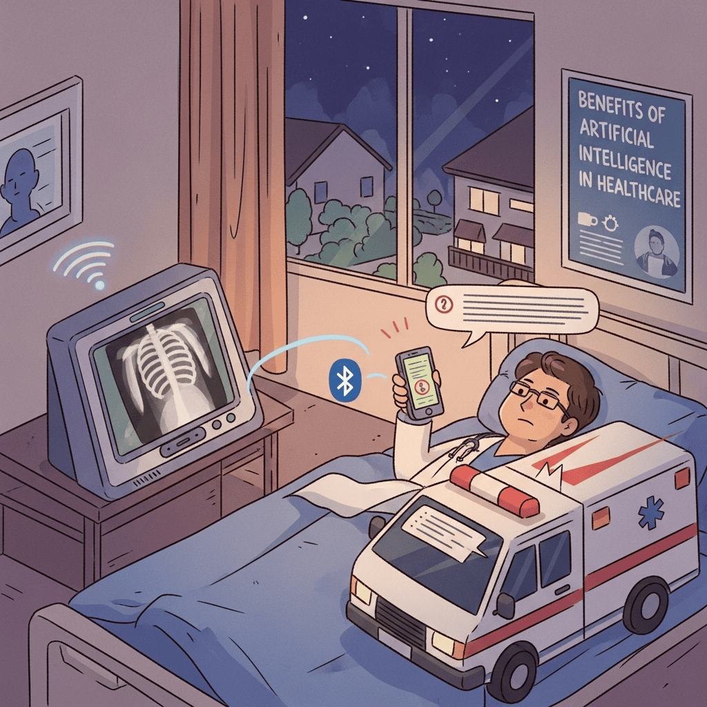 AI in healthcare 2026 showing medical algorithms, doctors using AI tools, patient data privacy risks, and diagnostic benefits
