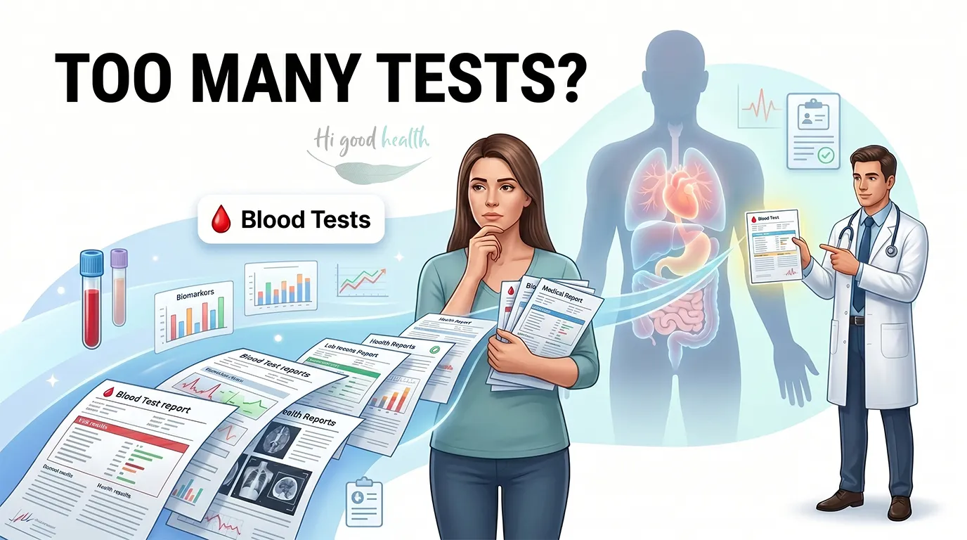 A woman holding a stack of blood test reports and charts while a doctor points at a tablet, with sample vials and a translucent body outline behind, titled Too Many Tests?