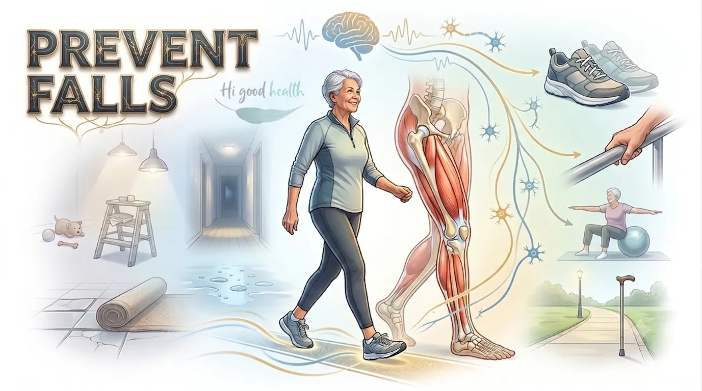 An older woman walking confidently with her leg muscles and skeleton shown alongside, set against home hazards such as a loose rug and dim hallway on one side and supportive shoes, a grab rail and balance exercises on the other, titled Prevent Falls
