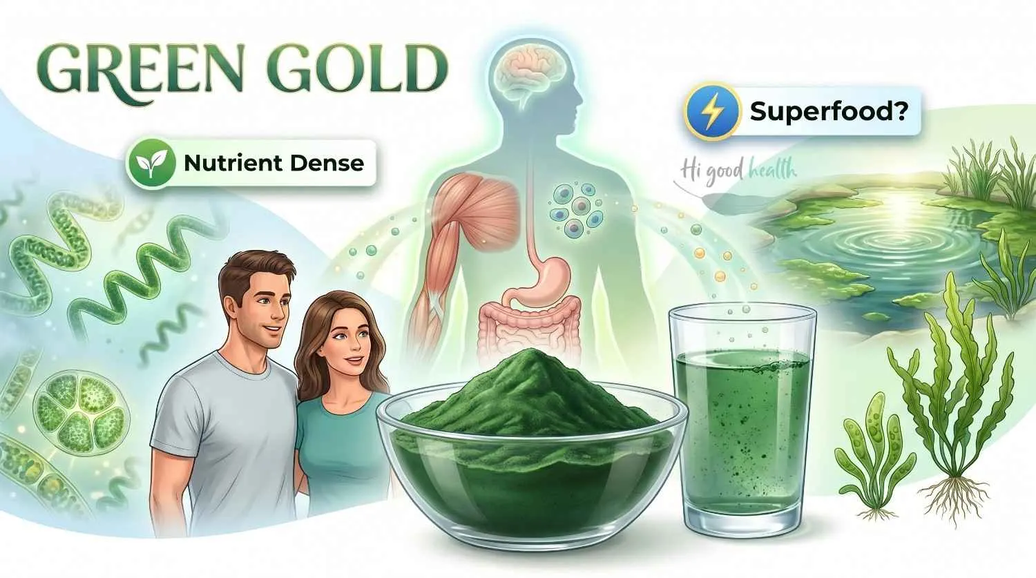 A bowl of spirulina powder and a glass of green algae drink in front of a couple, with magnified spirulina strands, a freshwater pond and seaweed alongside, labelled Nutrient Dense and Superfood?, titled Green Gold