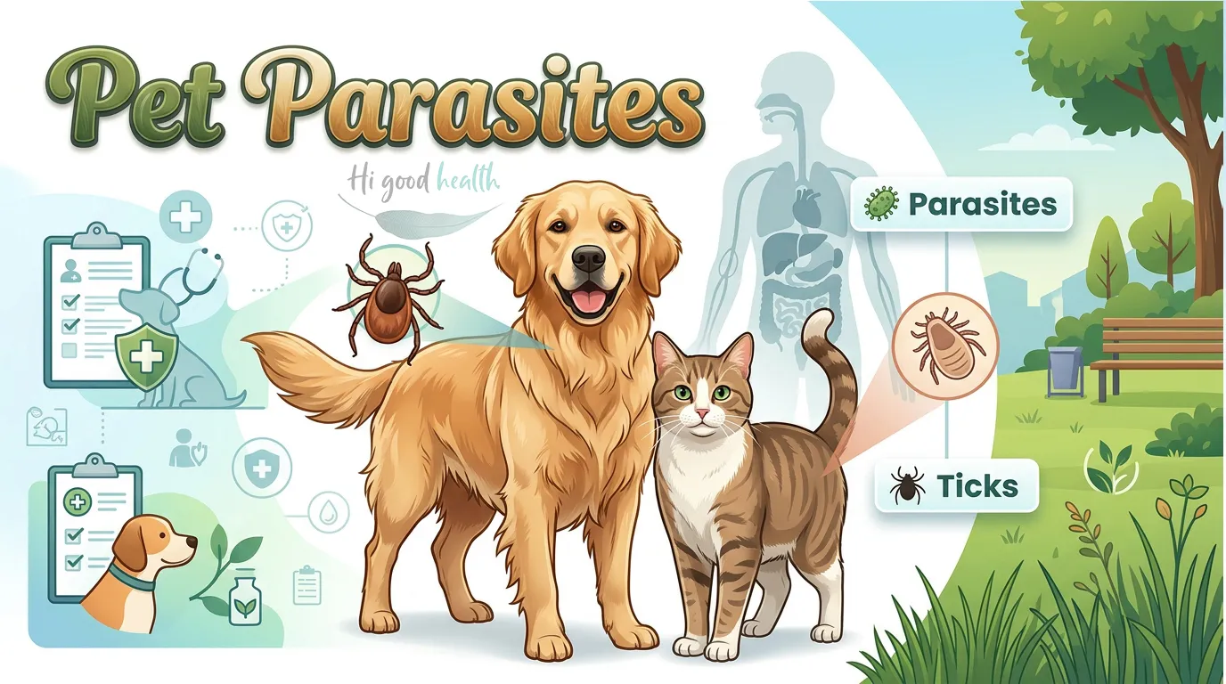 A golden retriever and a tabby cat in a park with an enlarged tick above the dog, prevention checklists on one side and tick and parasite labels on the other, titled Pet Parasites