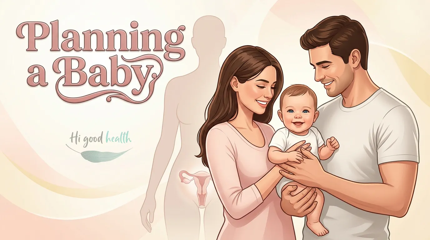 A smiling couple holding their baby, with a faint outline of the female reproductive system behind them, titled Planning a Baby