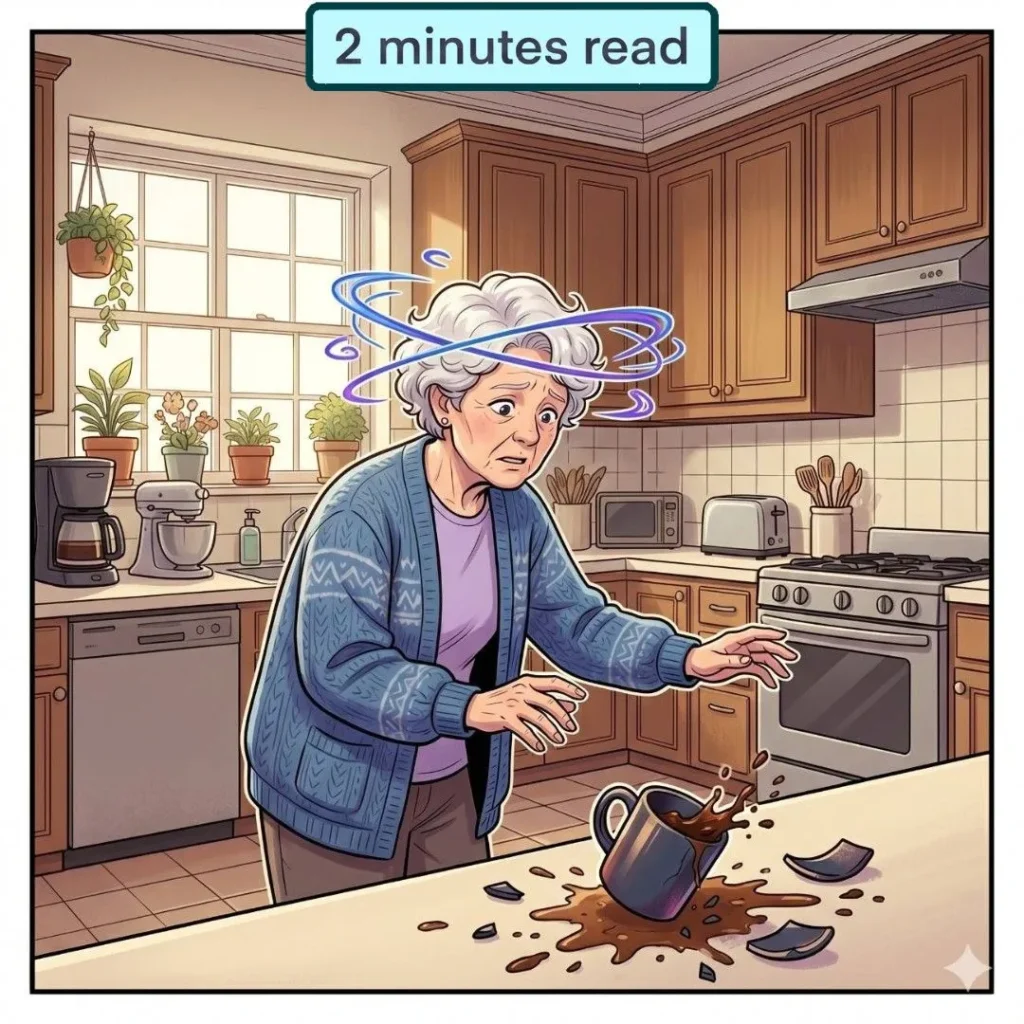 A senior person experiencing a moment of unsteadiness while reaching for a coffee mug.