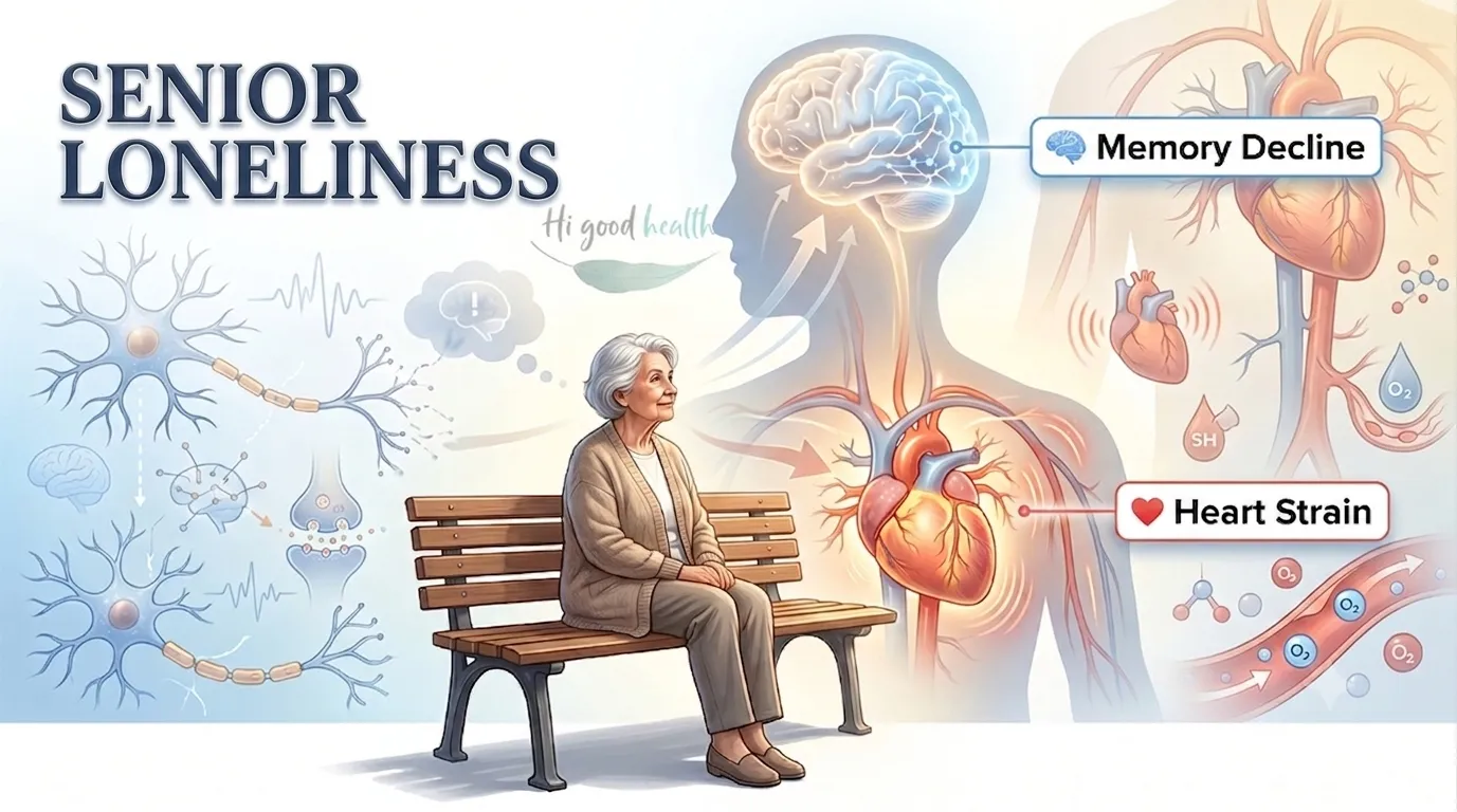 An older woman sitting alone on a bench, with anatomical overlays of a brain and heart labelled Memory Decline and Heart Strain and neuron and blood-vessel diagrams either side, titled Senior Loneliness