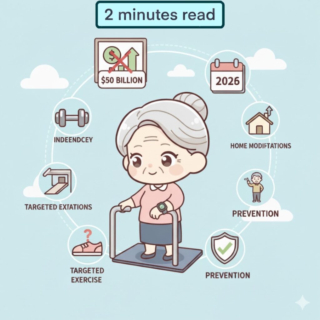 Fall prevention for seniors showing balance exercises, home safety modifications, and fall detection technology in 2026