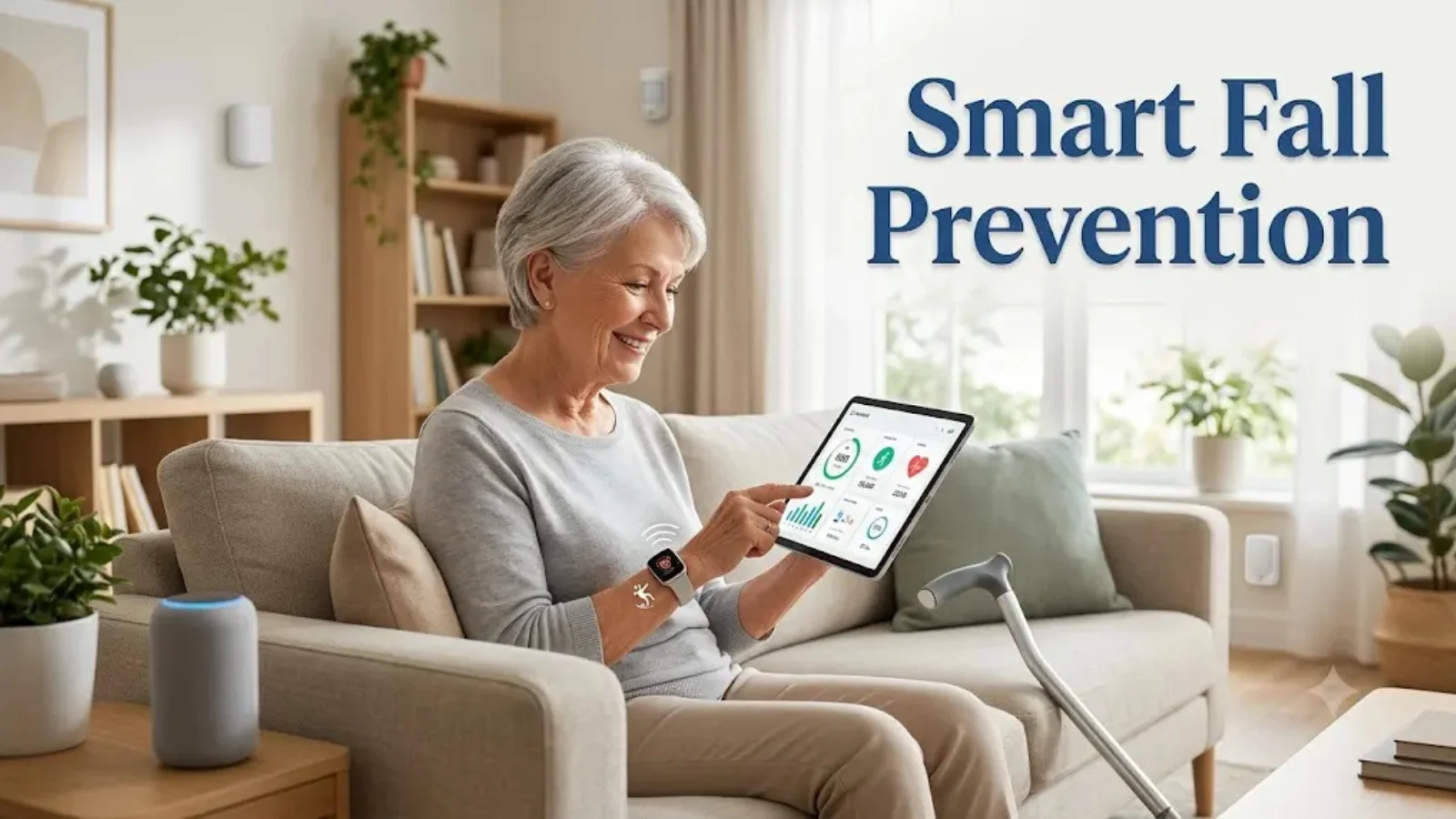 Fall Prevention & Technology| Why Seniors Lose Their Balance | Part 3 2 Older woman using a tablet on a sofa, headed Smart Prevention