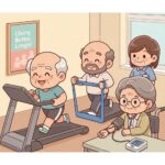 Middle-aged couple using smartwatches while exercising outdoors, symbolizing longevity, biohacking, and healthy living in 2025