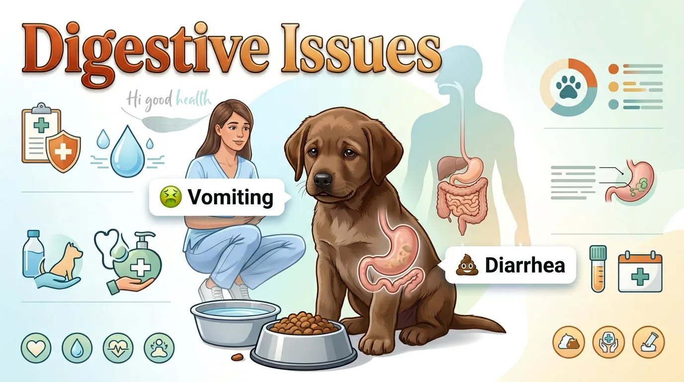 Puppy Vomiting and Diarrhea: When Is It an Emergency? 2 A chocolate Labrador puppy sitting beside its food and water bowls with its stomach and intestines illustrated, a veterinary nurse crouched alongside, labelled Vomiting and Diarrhea, titled Digestive Issues