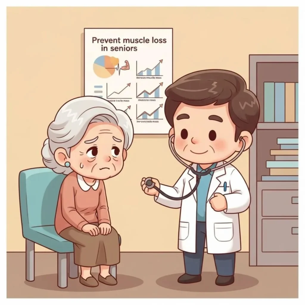 Cartoon doctor showing an older woman a chart on preventing muscle loss in seniors