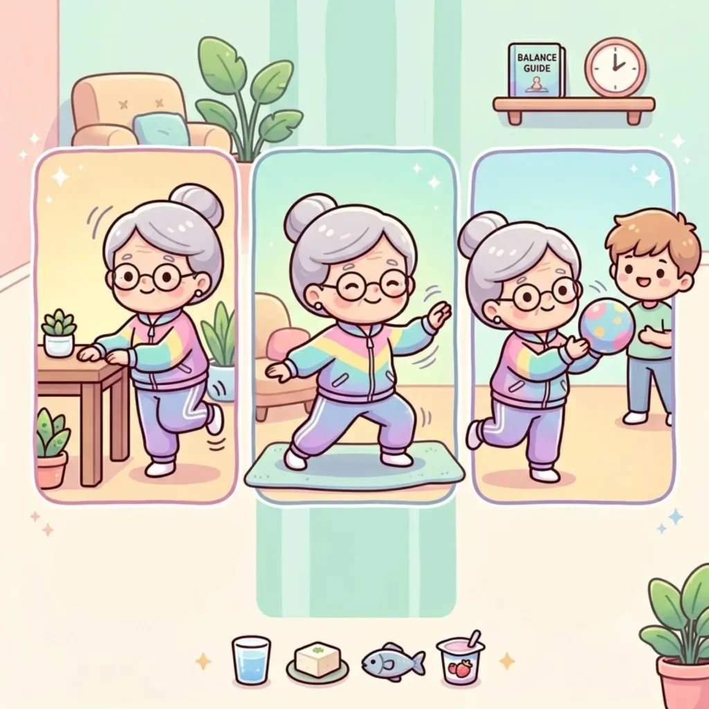 Cartoon of an older woman practising balance exercises in three stages beside a balance guide