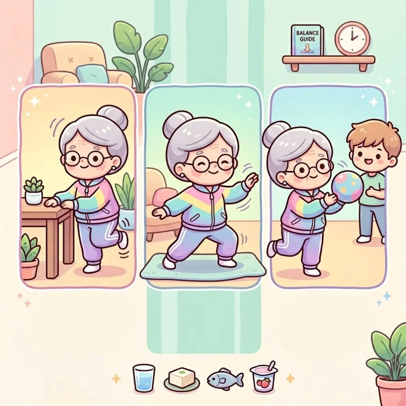 Cartoon of an older woman practising balance exercises in three stages beside a balance guide
