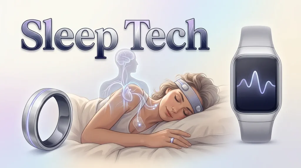 Sleeping woman wearing a sensor headband beside a smart ring and a smartwatch, headed Sleep Tech