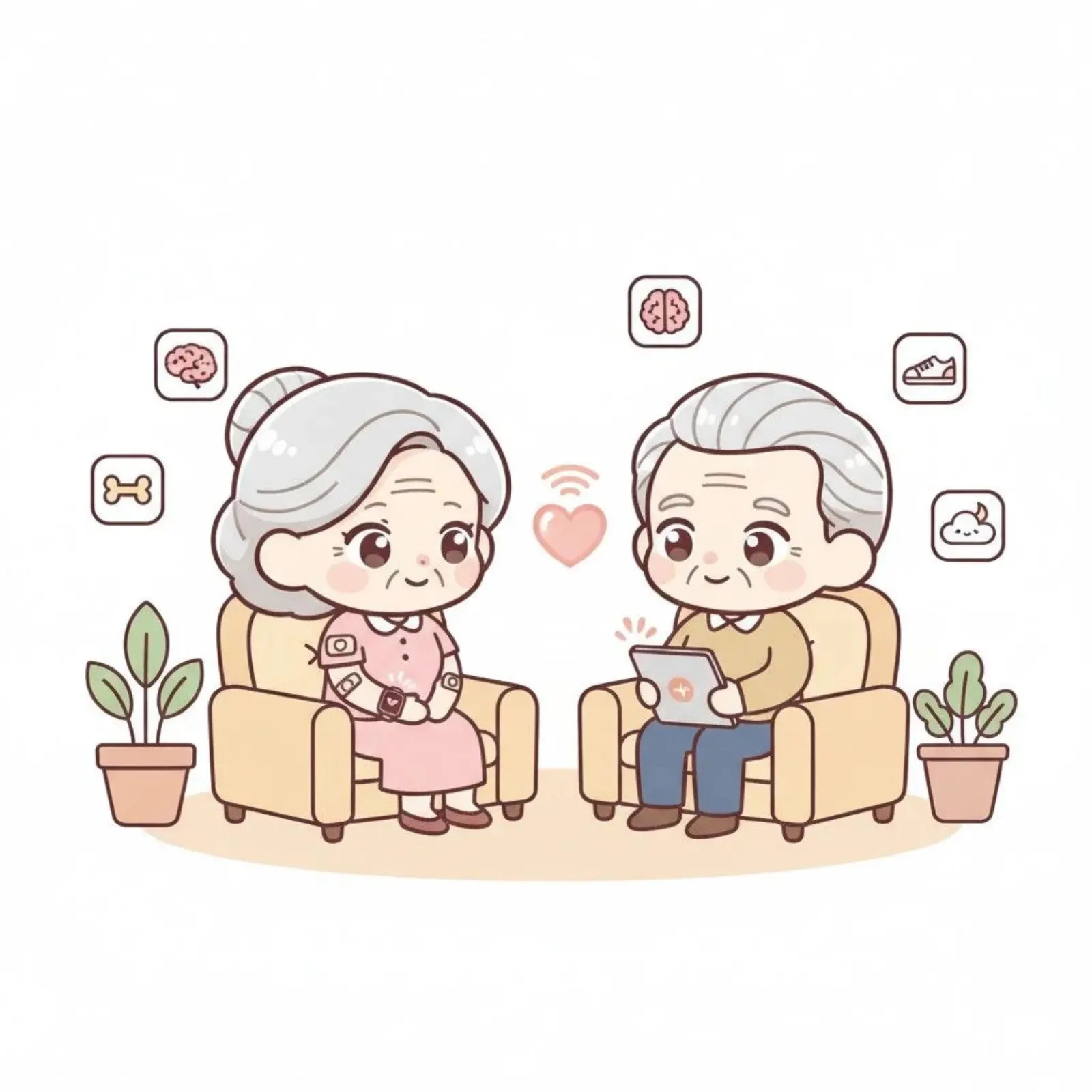 Cartoon older couple in armchairs using health devices, surrounded by monitoring icons