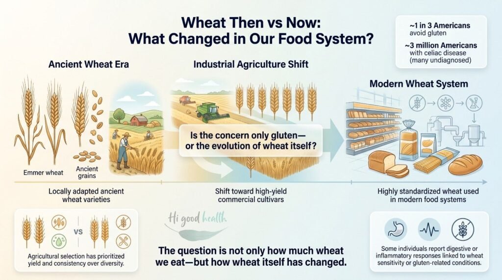 Infographic on what changed in the wheat food system, from locally adapted emmer and ancient grains through the industrial agriculture shift to highly standardised modern wheat, with US gluten-avoidance and coeliac disease figures