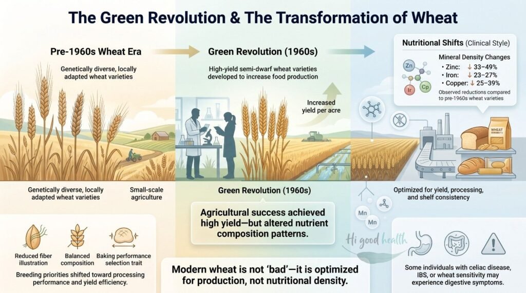 The Green Revolution and the transformation of wheat: genetically diverse pre-1960s varieties, high-yield semi-dwarf wheat developed in the 1960s, and measured falls in zinc, iron and copper density in modern grain
