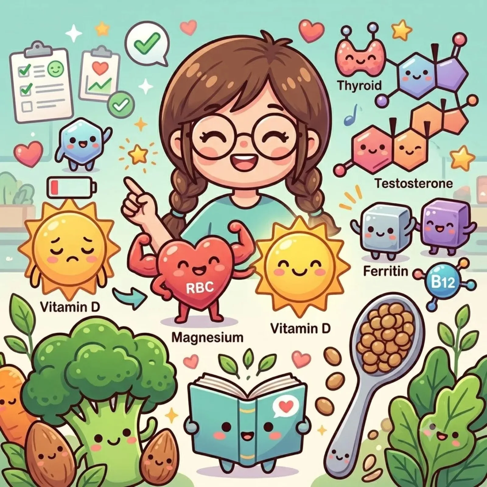 Cartoon woman surrounded by vitamin D, magnesium, ferritin and B12 characters with a blood-test checklist