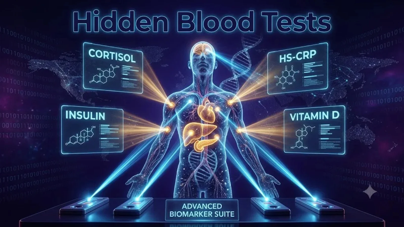 Glowing body diagram with cortisol, insulin and HS-CRP markers, headed Hidden Blood Tests