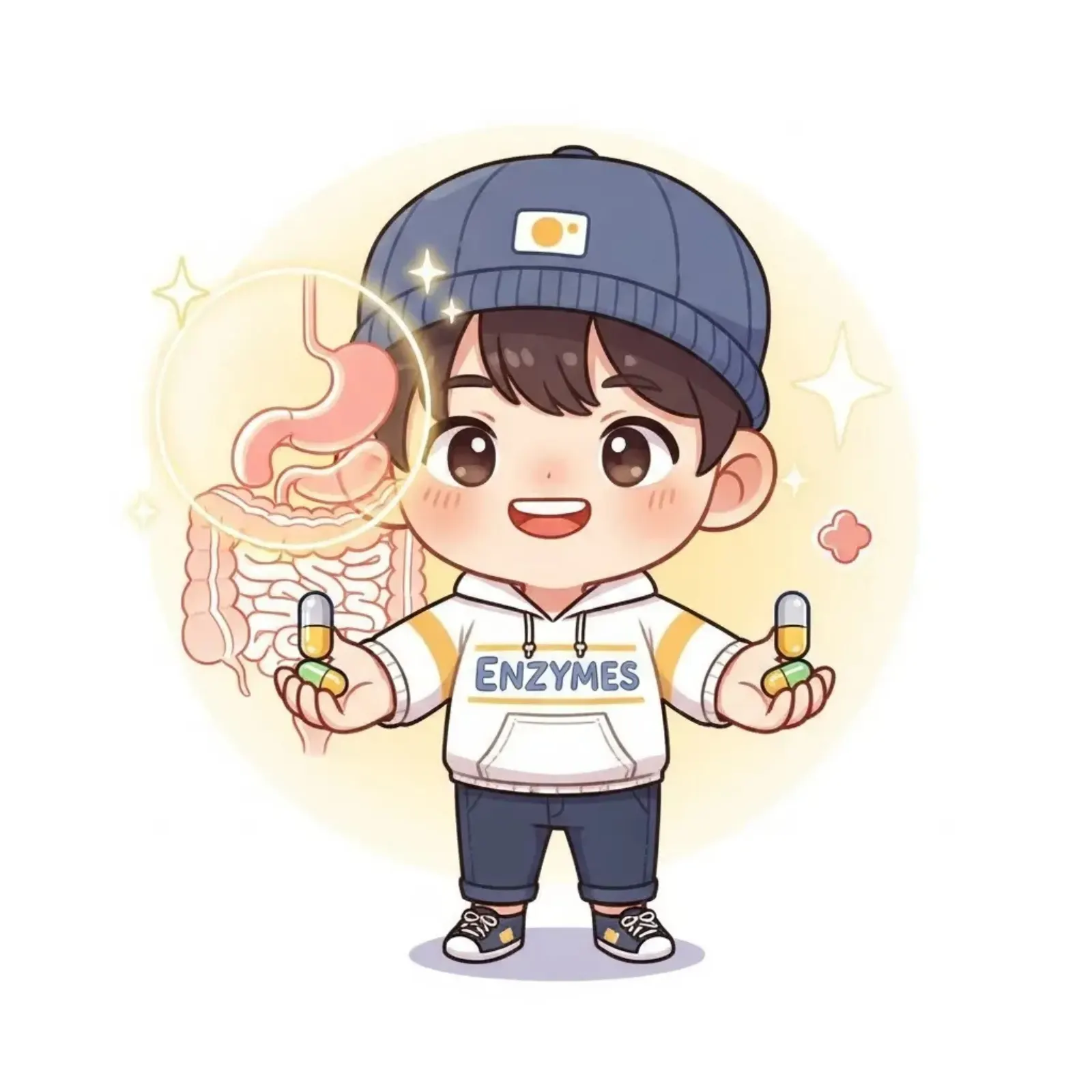 Cartoon boy showing his digestive tract while holding enzyme capsules