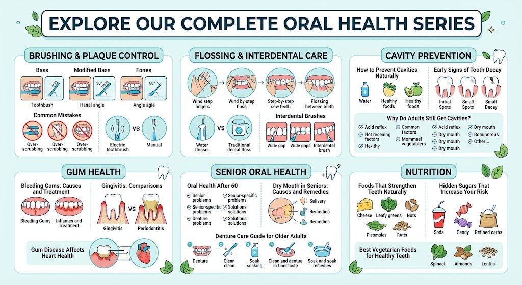 Infographic index of the oral health series, covering brushing, flossing, cavity prevention, gum health, senior care and nutrition