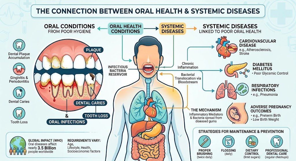 Infographic linking poor oral hygiene to cardiovascular disease, diabetes, respiratory infection and pregnancy outcomes