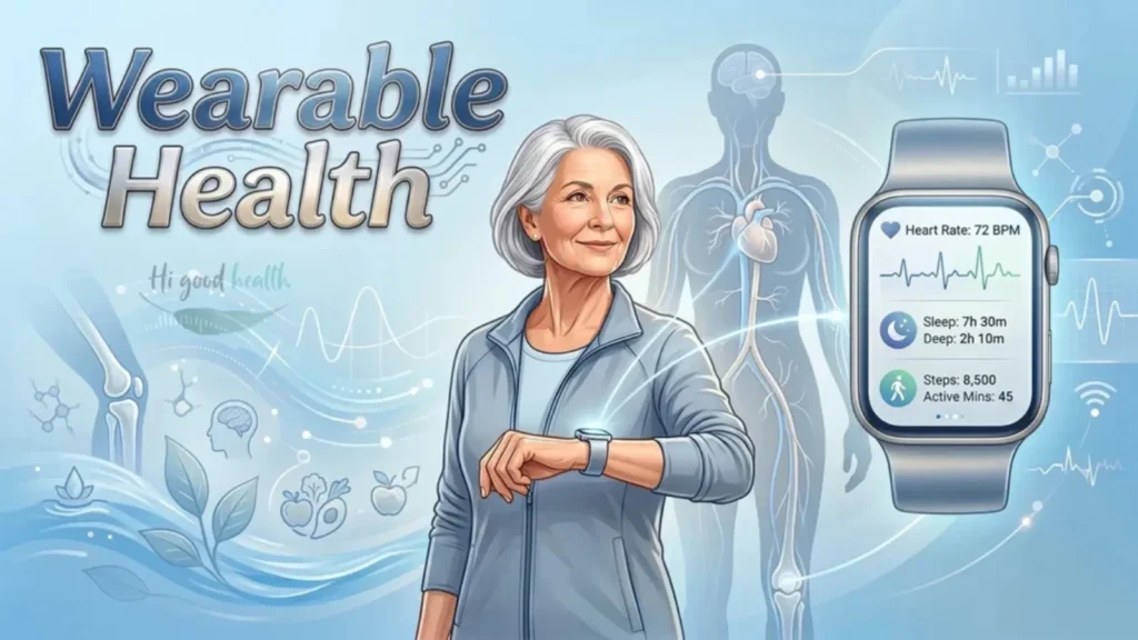 Wearable Health Tech for Seniors in 2026: Hype vs Reality 2 Older woman checking a smartwatch beside an anatomical figure, headed Wearable Health