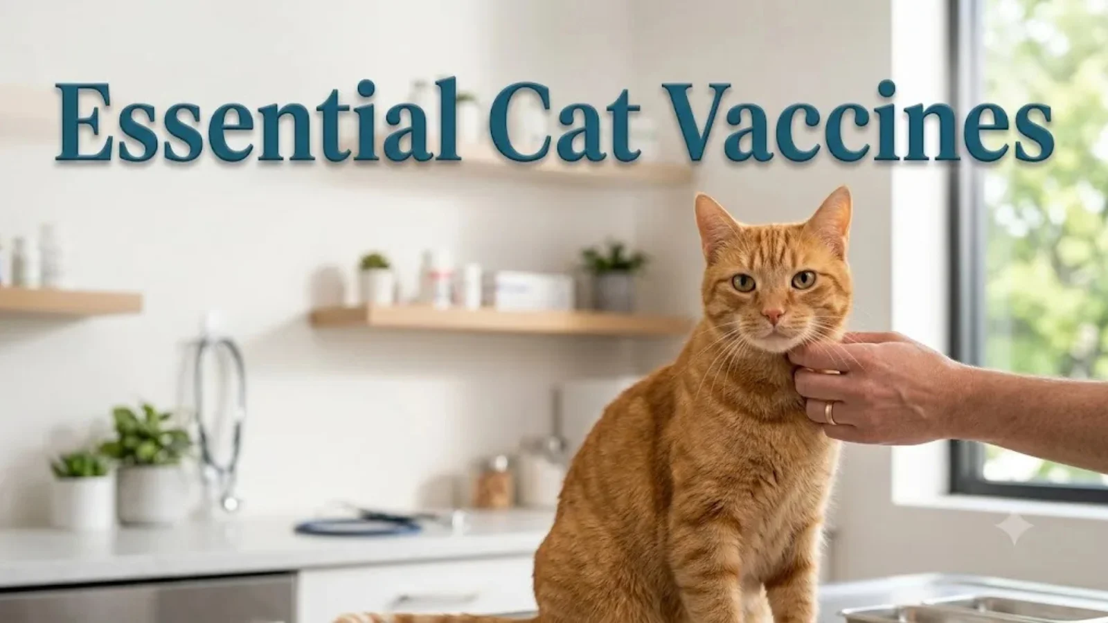 Ginger cat being stroked on a kitchen counter, headed Essential Cat Vaccines