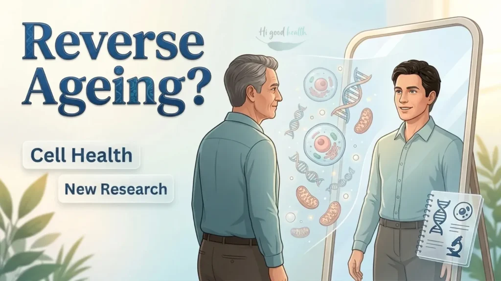 How Close Are We to Reversing Aging in Humans? | Part 1 2 Grey-haired man looking into a tall mirror at a younger version of himself, with cells, DNA strands and mitochondria floating between them