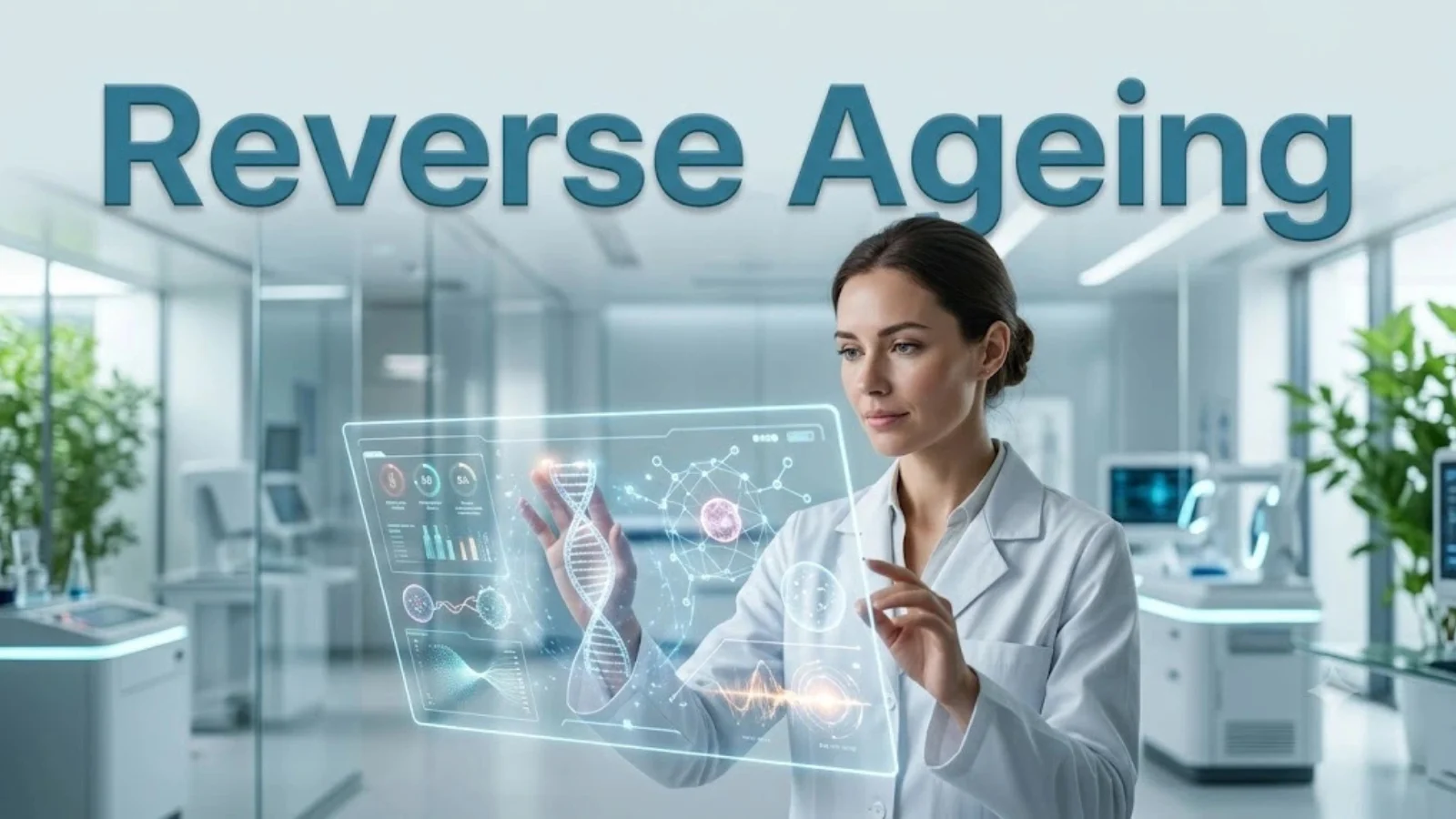 If Aging Slows Down, Will Retirement Even Exist? | Reverse Aging | Part 3 2 Article hero illustration: a researcher in a laboratory studying a translucent screen showing a DNA helix and cell data