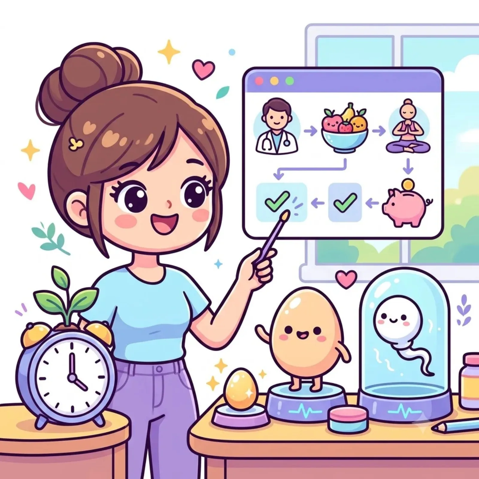 Cartoon woman presenting a fertility preservation plan with egg, clinic and savings icons