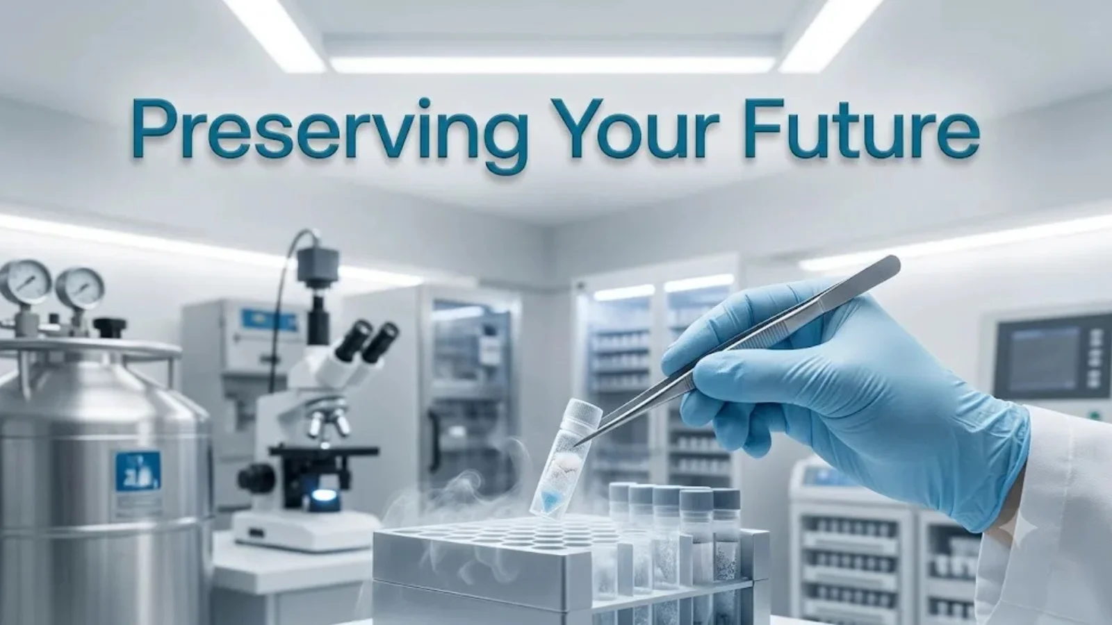 Planning for the Future: Why Sperm and Egg Preservation Matters | Part 1 2 Gloved hand handling cryopreservation equipment in a laboratory, headed Preserving Your Future