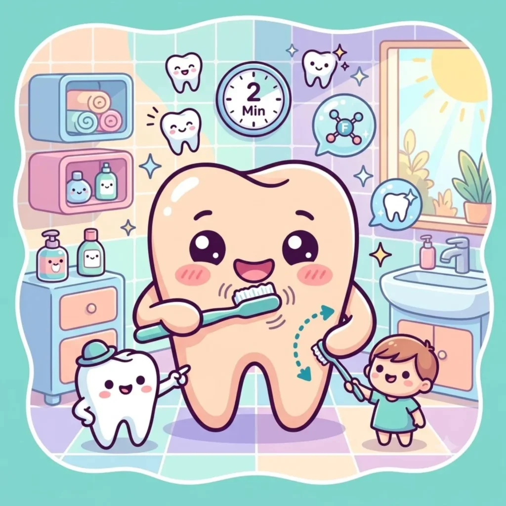 Cartoon tooth brushing itself beside a two-minute timer in a bathroom