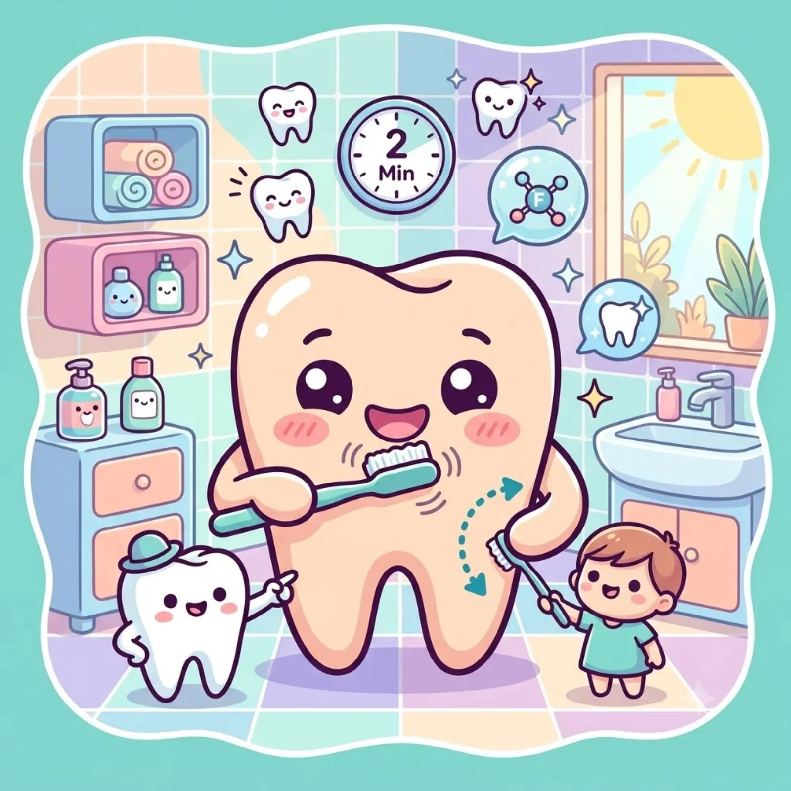 Cartoon tooth brushing itself beside a two-minute timer in a bathroom