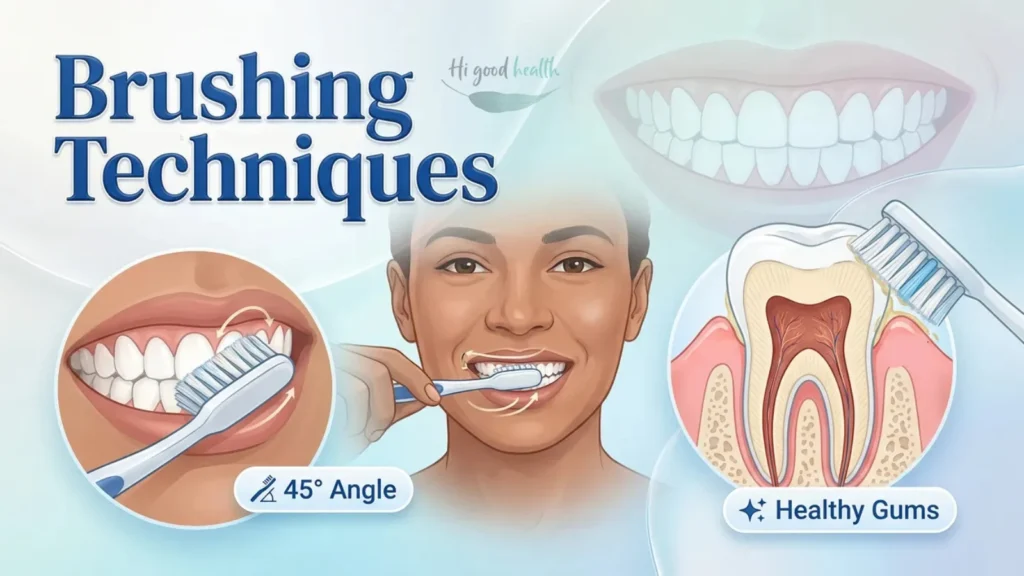 Person brushing at a 45-degree angle beside a tooth cross-section, headed Brushing Techniques