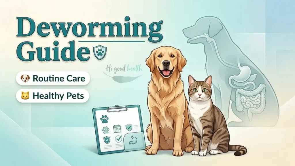 Golden retriever and cat beside a routine-care checklist, headed Deworming Guide