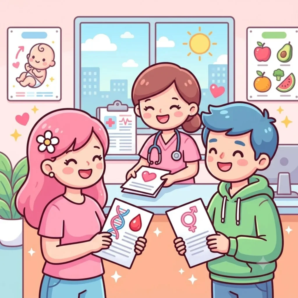 Cartoon couple holding test reports with a nurse at a premarital health check