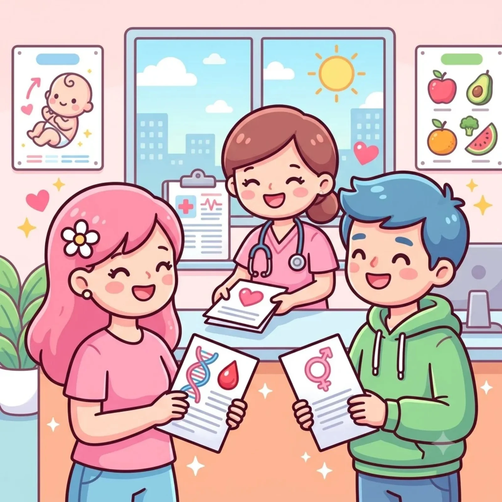 Cartoon couple holding test reports with a nurse at a premarital health check
