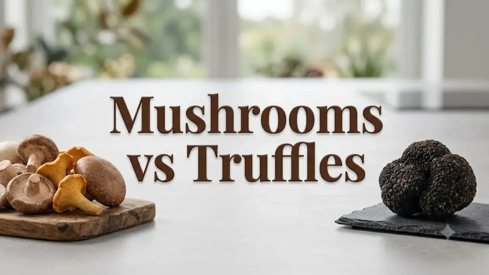 Cultivated shiitake and chanterelle mushrooms on a wooden board beside a black truffle on slate, titled Mushrooms vs Truffles