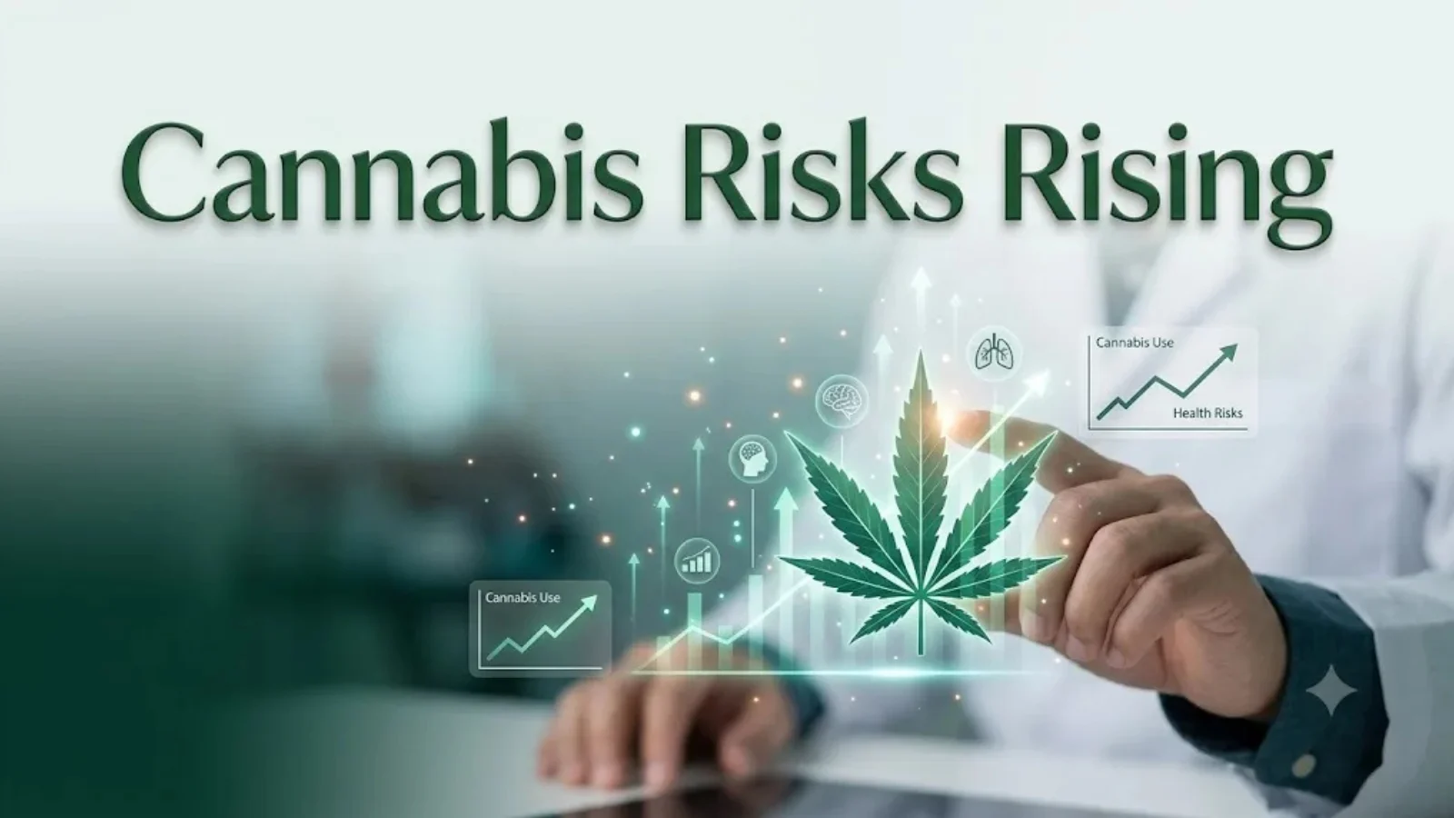CANNABIS USE IS EXPLODING—AND SO ARE HEALTH RISKS: WHAT LATEST RESEARCH REVEALS 2 A clinician's hand touching a digital display of a cannabis leaf with rising charts for cannabis use and health risks, titled Cannabis Risks Rising