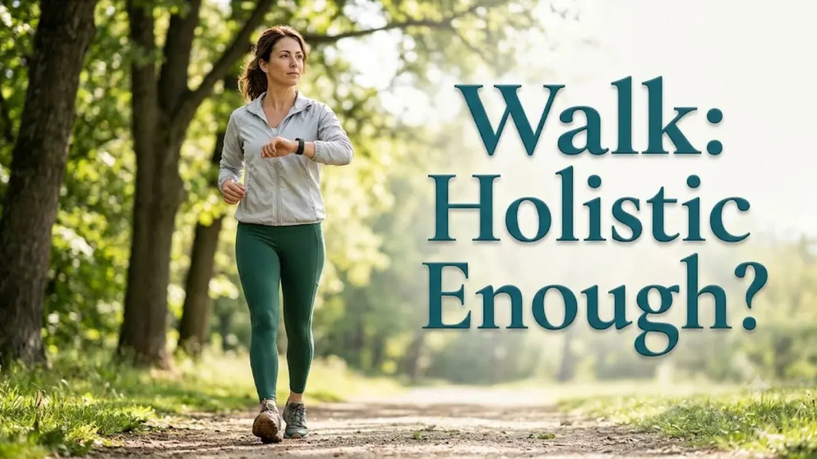 Is Your Daily Walk Doing Enough? Debunking Myths & Finding Your Holistic Exercise Sweet Spot 2 A woman walking on a woodland trail and checking her fitness watch, titled Walk: Holistic Enough?