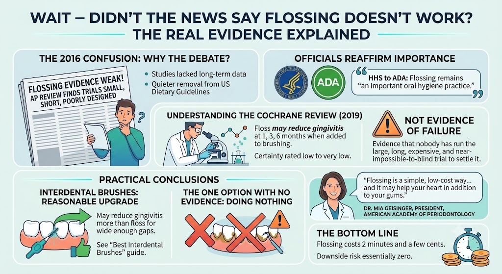 Infographic explaining the 2016 flossing controversy, the HHS and ADA reaffirmation that flossing remains an important oral hygiene practice, and the 2019 Cochrane review rated low to very low certainty
