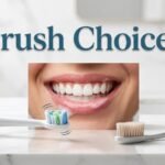 Title graphic reading Brush Choice? with an electric toothbrush on the left, a manual toothbrush on the right, and a close-up of a person brushing between them