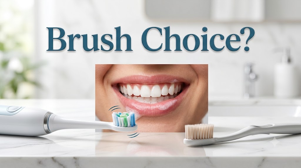 Electric vs Manual Toothbrush: Which Is Better for Your Teeth and Gums? 2 Title graphic reading Brush Choice? with an electric toothbrush on the left, a manual toothbrush on the right, and a close-up of a person brushing between them