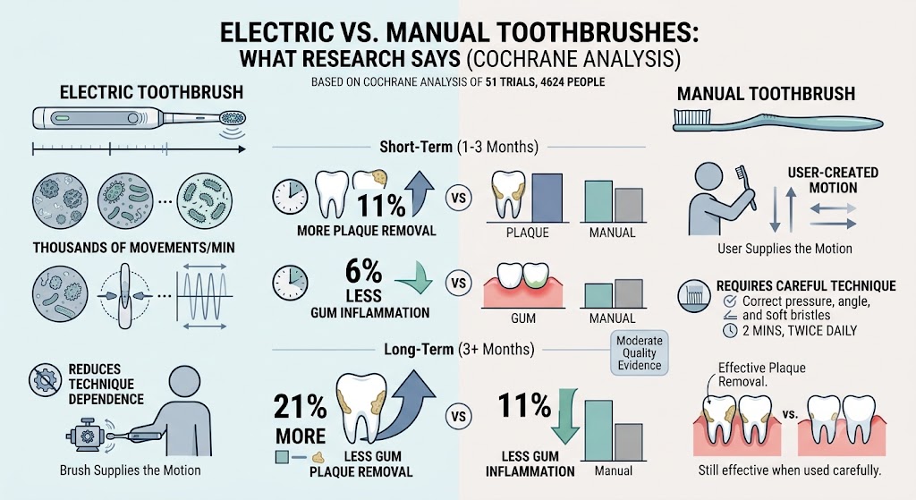 Electric vs Manual Toothbrush: Which Is Better for Your Teeth and Gums? 4 Infographic summarising the Cochrane analysis of 51 trials and 4,624 people: powered brushes gave 11 percent more plaque removal and 6 percent less gum inflammation at one to three months, rising to 21 percent and 11 percent after three months