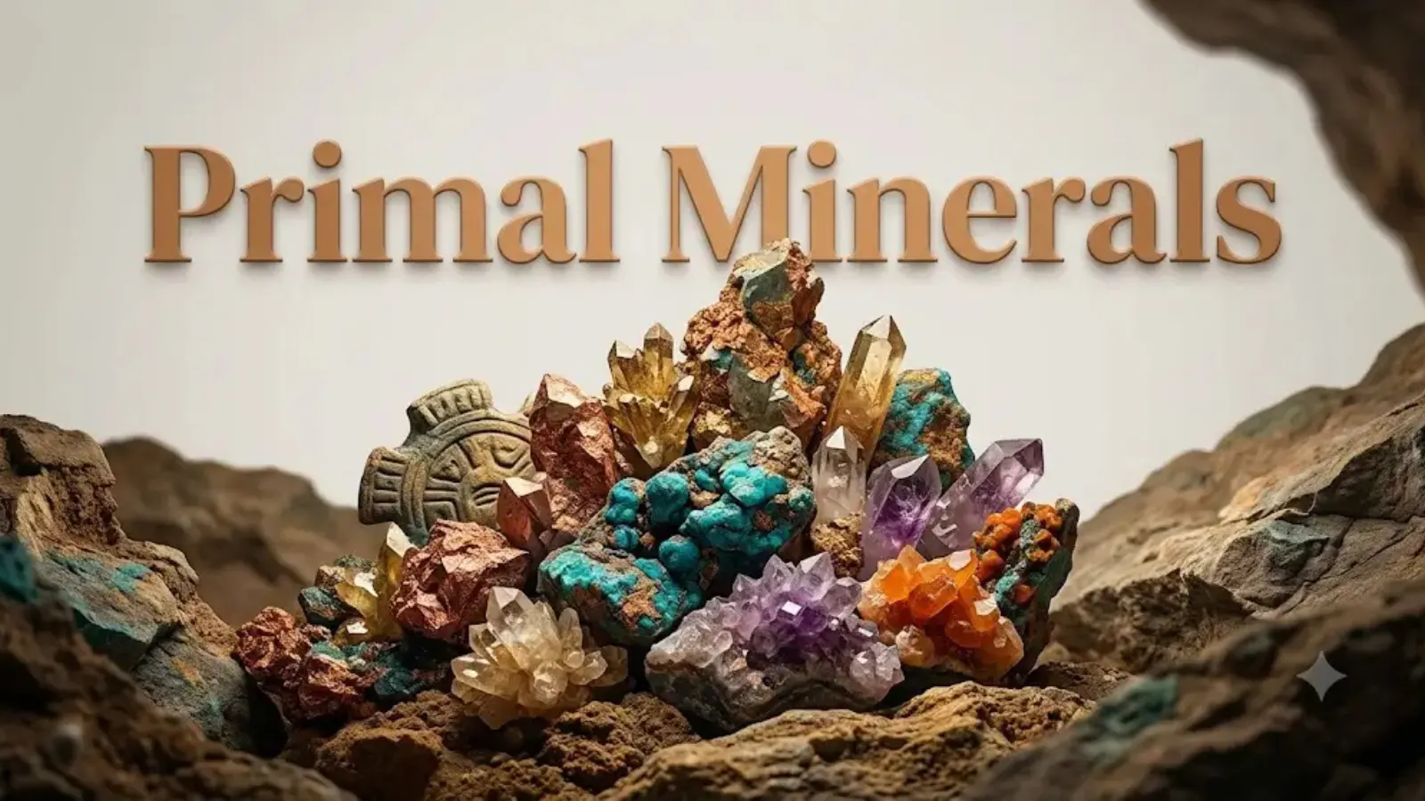 60+ Essential Minerals That Protected Our Ancestors — but Are Missing from Your Multivitamin 2 A cluster of coloured mineral crystals and copper, turquoise and amethyst ores on rock, titled Primal Minerals