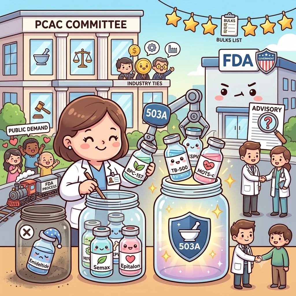 Cartoon of an FDA advisory committee weighing peptide products outside a hearing
