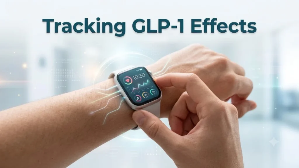 How Wearables Help Track the Effects of GLP-1 Drugs 2 Person checking heart-rate and activity data on a smartwatch, under the heading Tracking GLP-1 Effects